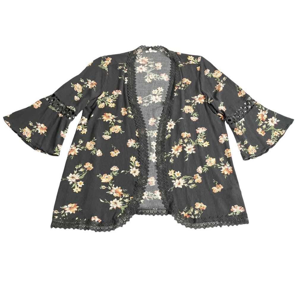 Maurices Kimono Cardigan Womens L Black Floral Lace Bell Sleeve Boho Open Front